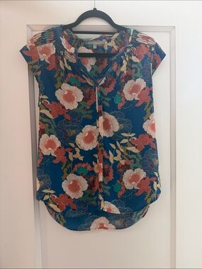 Daniel Rainn Teal Floral Cap-Sleeve Blouse